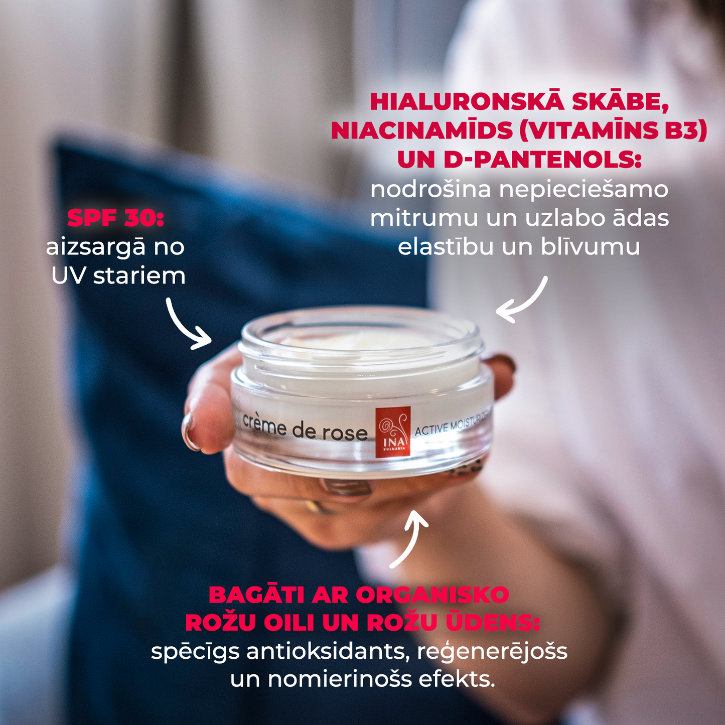 Crème de rose - aktīvs Mitrinošs krēms ar SPF30 - ļoti bagātināts ar organisko Rožu ēterisko eļļu
