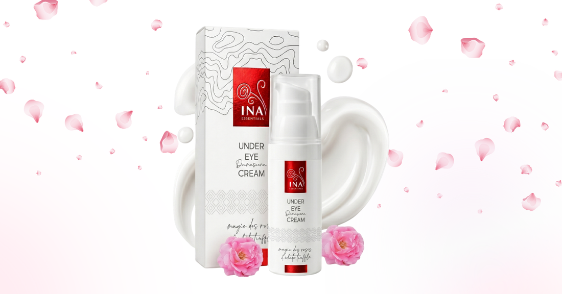 Rose Eye Lift acu krēms pret grumbām ar iepakojumu un rozā ziedlapiņām