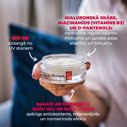 Crème de rose - aktīvs Mitrinošs krēms ar SPF30 - ļoti bagātināts ar organisko Rožu ēterisko eļļu
